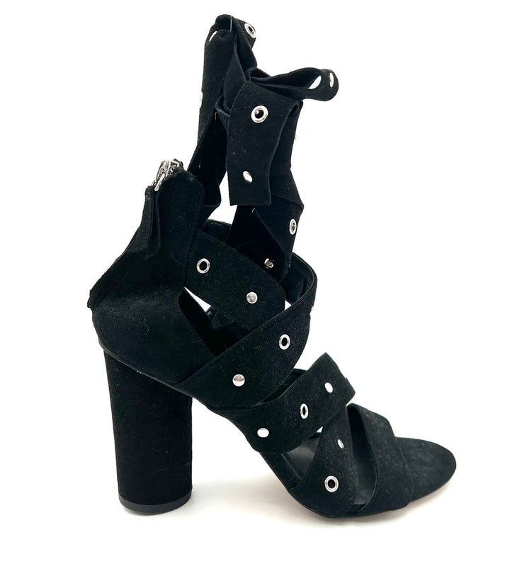 Black Suede Wrap Up Heels - Size 7