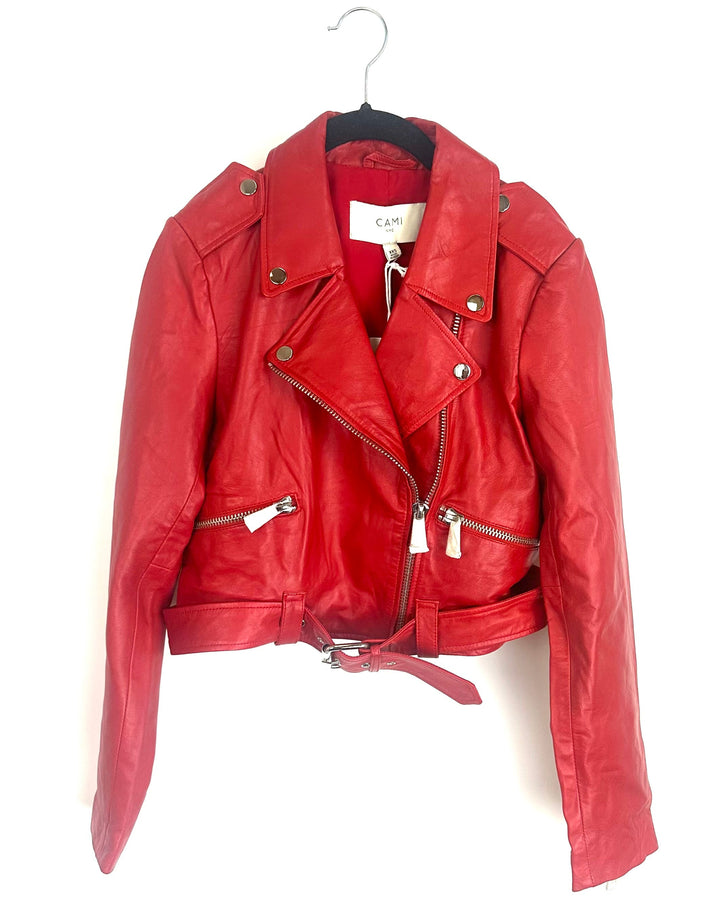Red Cropped Leather Jacket - Size 000/00