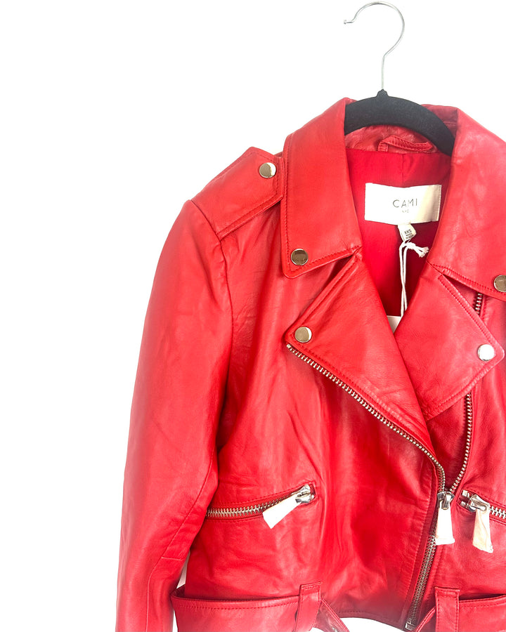 Red Cropped Leather Jacket - Size 000/00