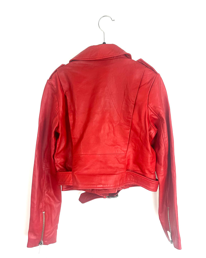 Red Cropped Leather Jacket - Size 000/00
