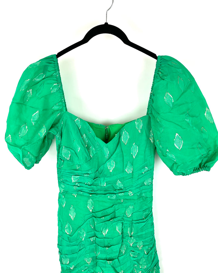 Green and Gold Puff Sleeve Dress - Size 2