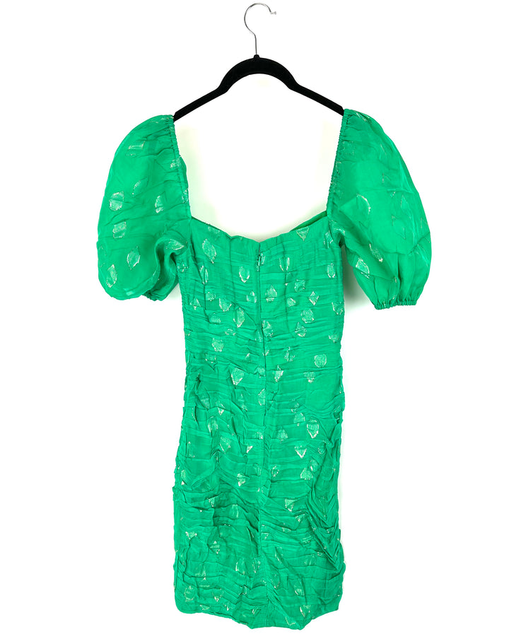 Green and Gold Puff Sleeve Dress - Size 2