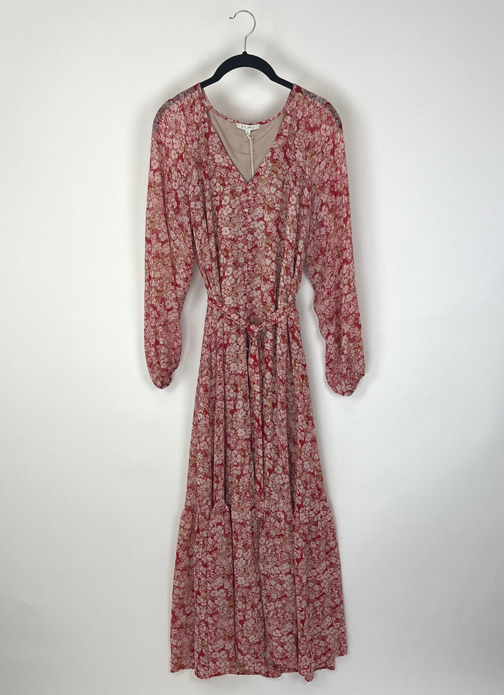 Red Floral Long Sleeve Maxi Dress - Size 2-4