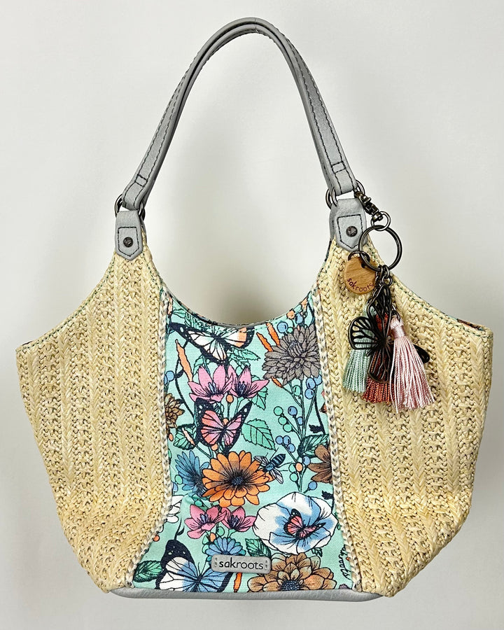 Blue Floral And Raffia Shoulder Bag