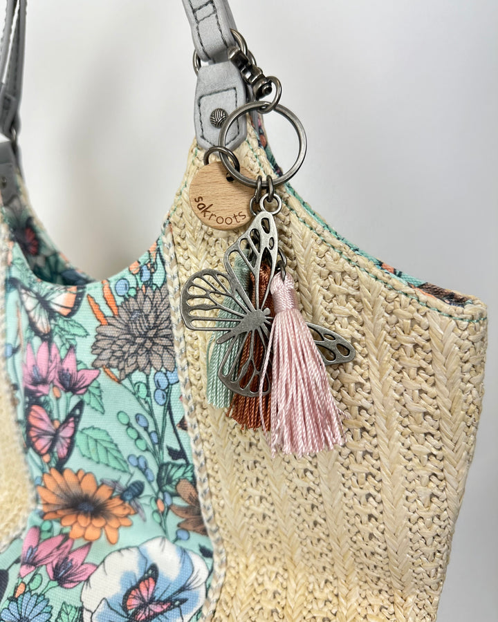 Blue Floral And Raffia Shoulder Bag