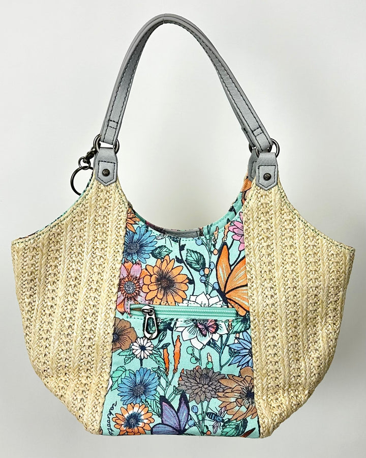 Blue Floral And Raffia Shoulder Bag