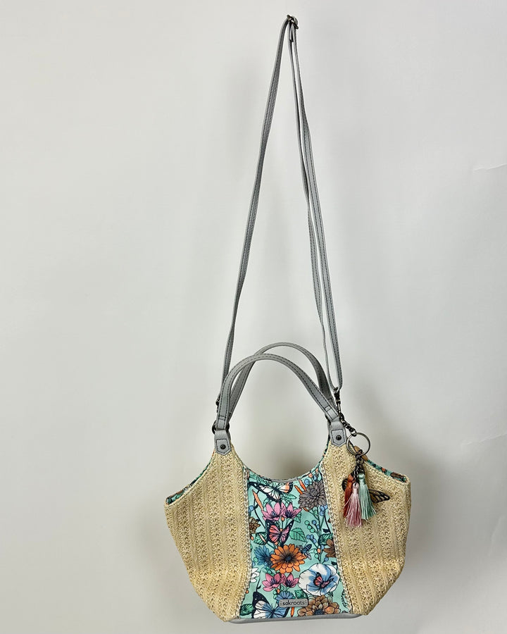 Blue Floral And Raffia Shoulder Bag
