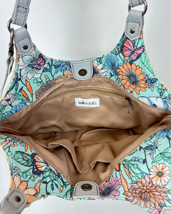 Blue Floral And Raffia Shoulder Bag