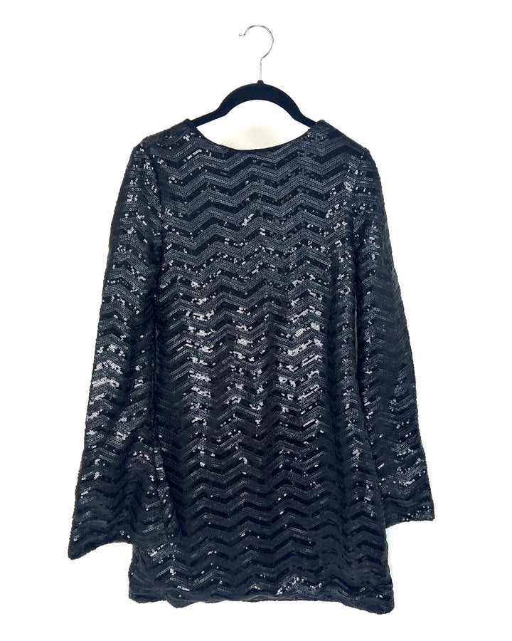 Long Sleeve Black Sequin Mini Dress - Small