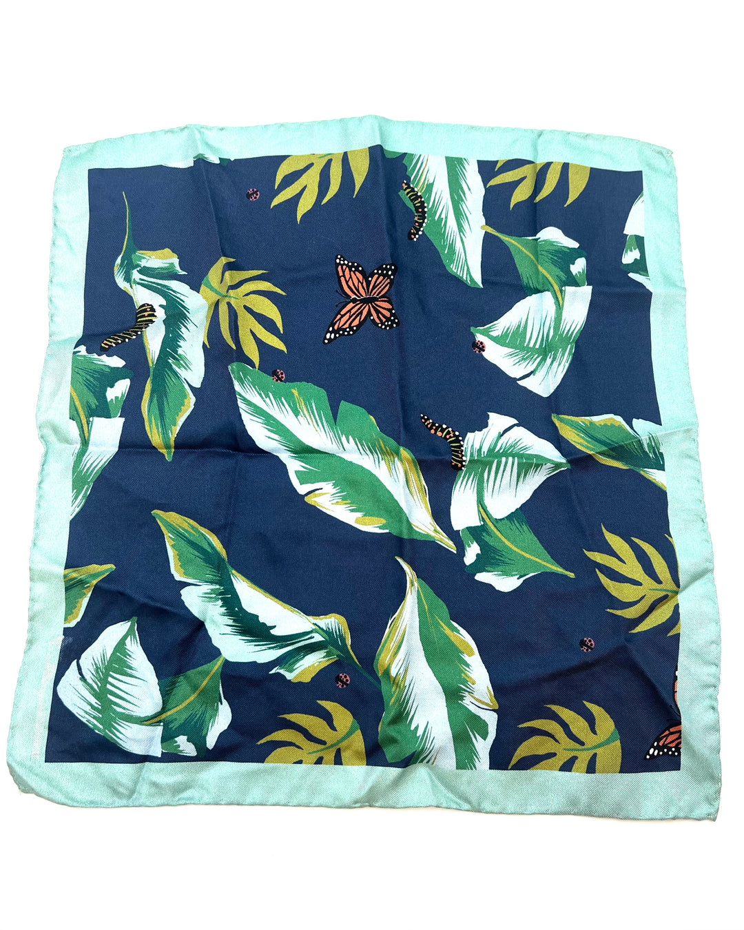MENS Navy Pocket Square With Leaves and Butterflies