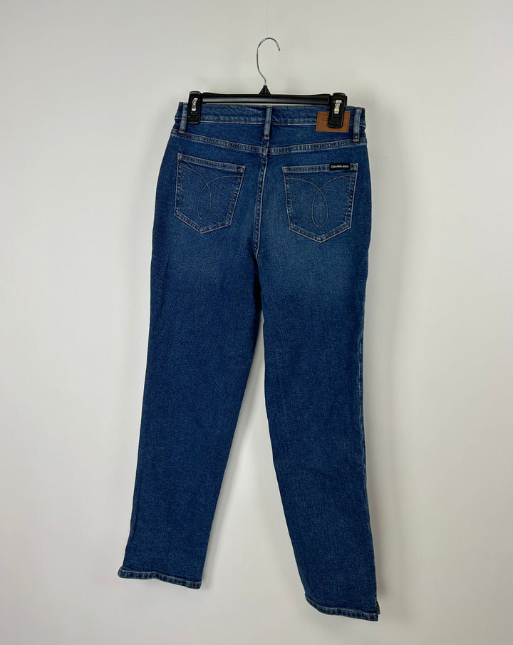 High Rise Straight Denim Jeans With Rip - Size 28