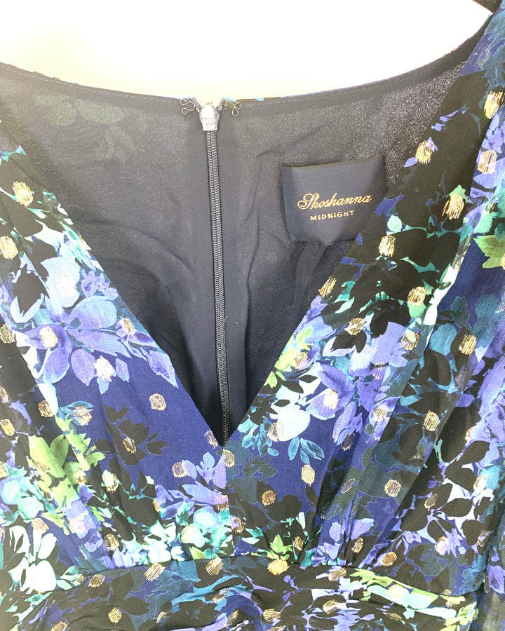 Dark Blue, Green, and Gold Floral Cocktail Dress - Size 4/6