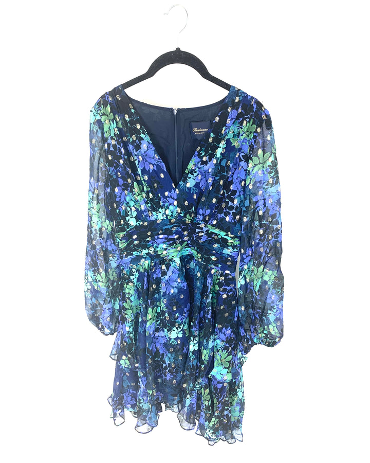 Dark Blue, Green, and Gold Floral Cocktail Dress - Size 4/6