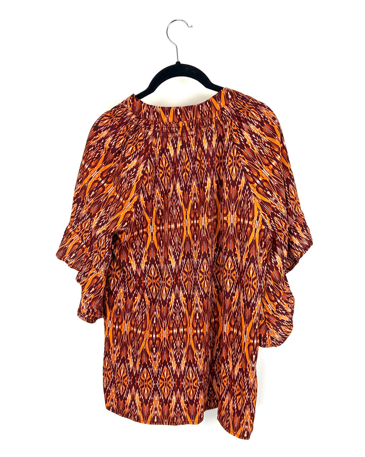 Orange and Brown Abstract Pattern Short Sleeve Blouse - Size 6/8