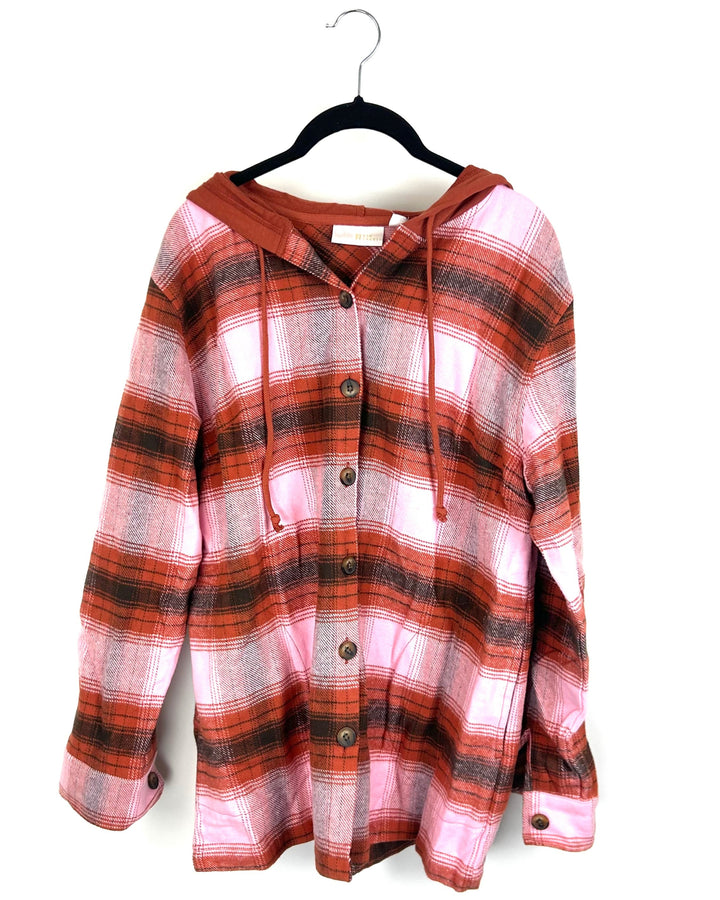 Orange Plaid Hooded Shirt Jacket - Size 6/8