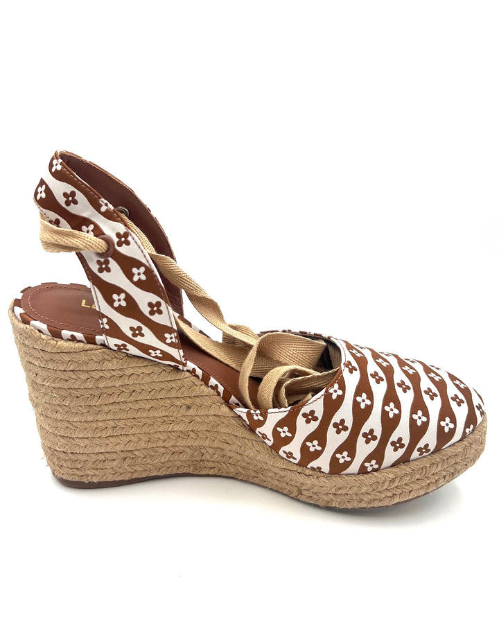 Brown and White Floral Wedge Sandal - Size 6.5