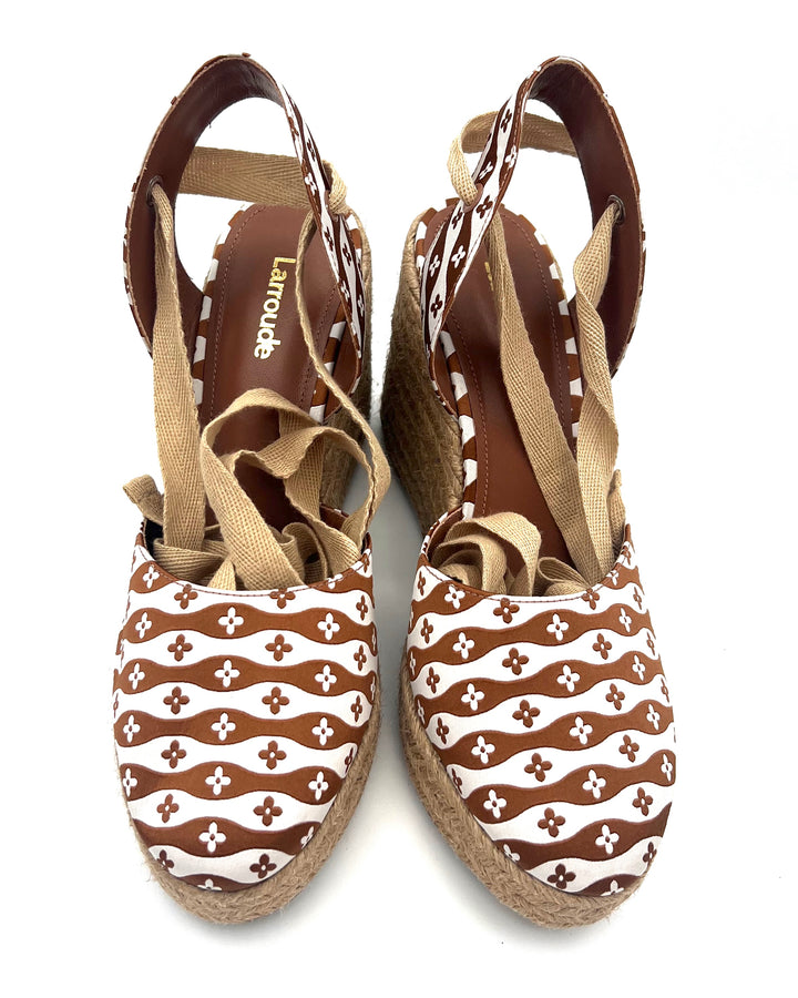 Brown and White Floral Wedge Sandal - Size 6.5