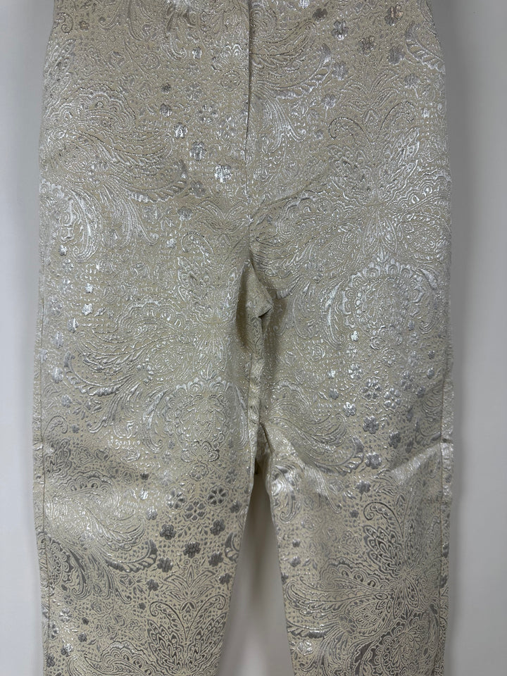 Cream Metallic High Waisted Jacquard Pants - Size 00 and 8