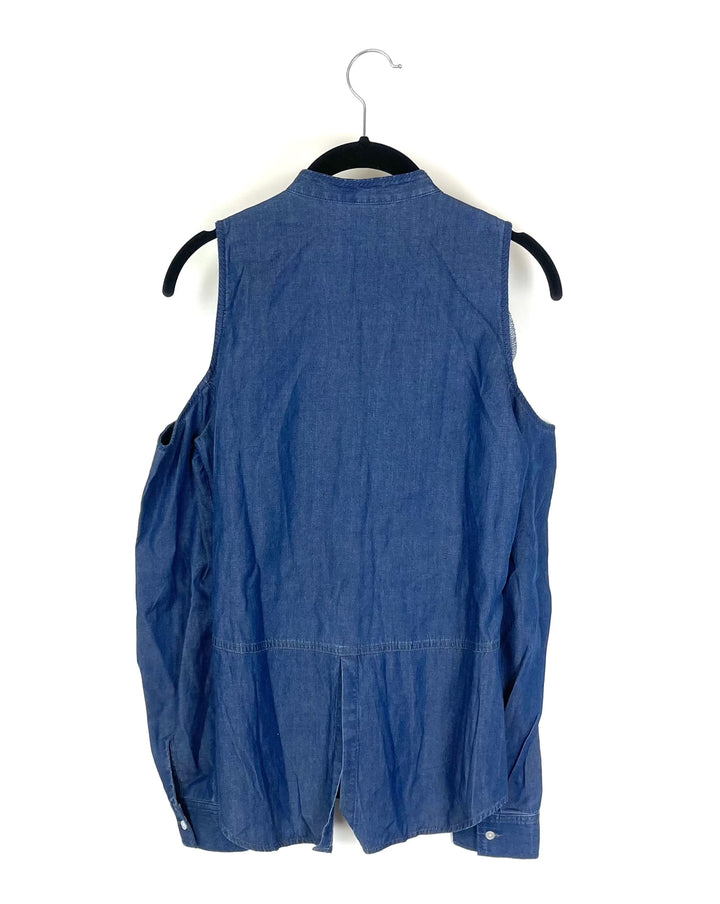 Denim Long Sleeve Button Down Top with Shoulder Cutouts - Small