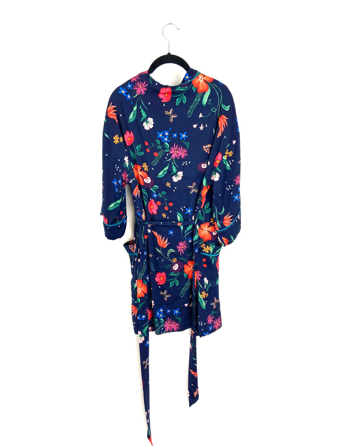 Navy Blue Floral Printed Robe - Small