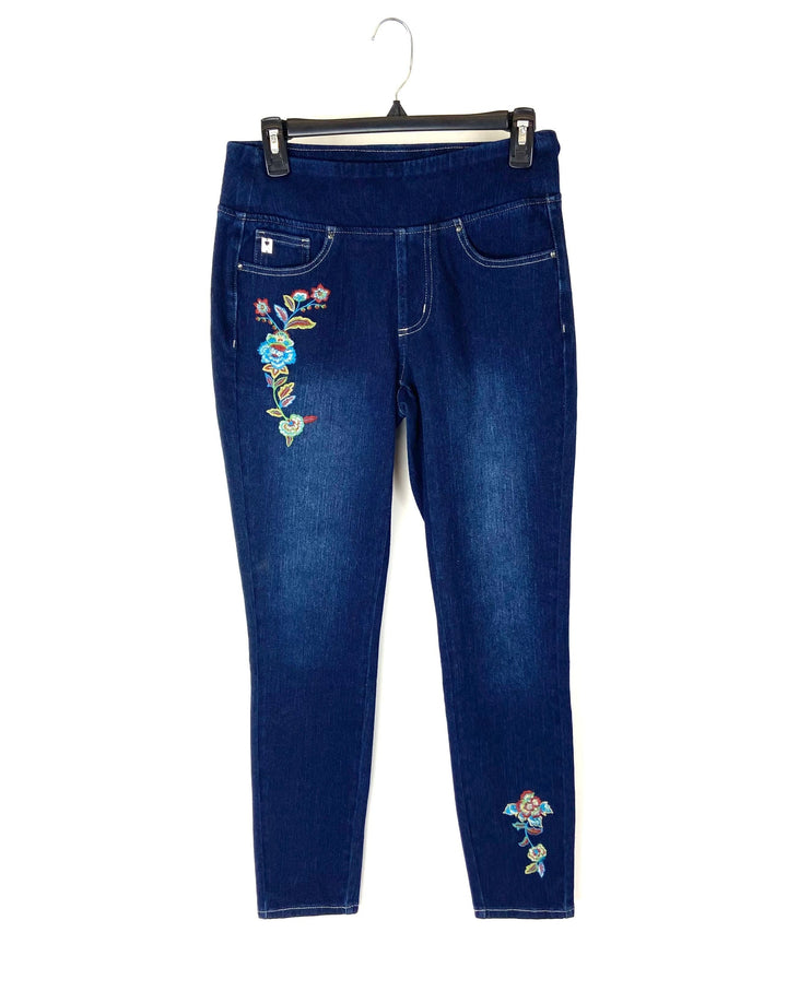 Dark Wash Jeans With Floral Embroidery - Size 8/10, 12/14