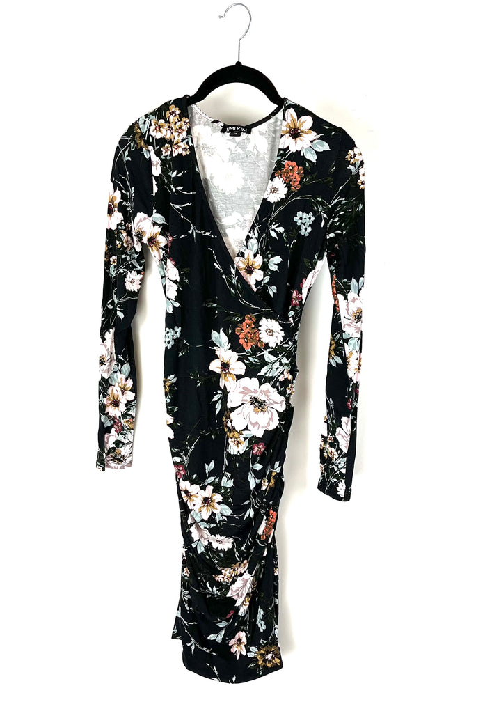 Long Sleeve Black Floral Print Dress - Extra Extra Small, Extra Small and Small