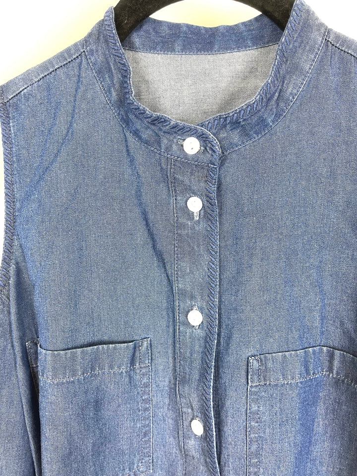 Denim Long Sleeve Button Down Top with Shoulder Cutouts - Small