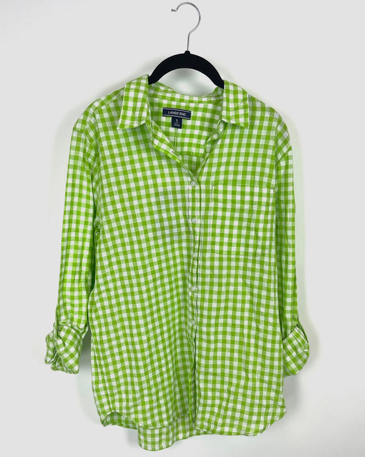 Green and White Long Sleeve Gingham Top - Small