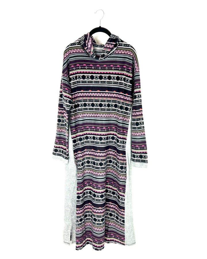 Abstract Multicolor Fleece Long Sleeve Dress With Hood - Small/Medium