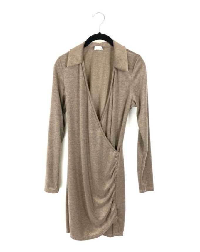 Taupe Long Sleeve Wrap Front Dress - Small
