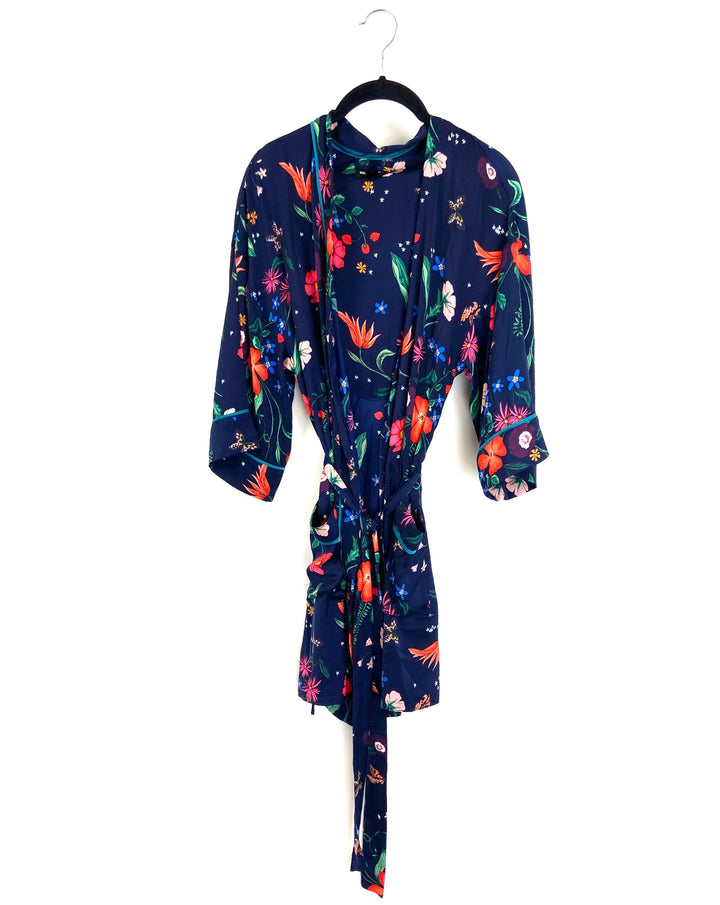 Navy Blue Floral Printed Robe - Small