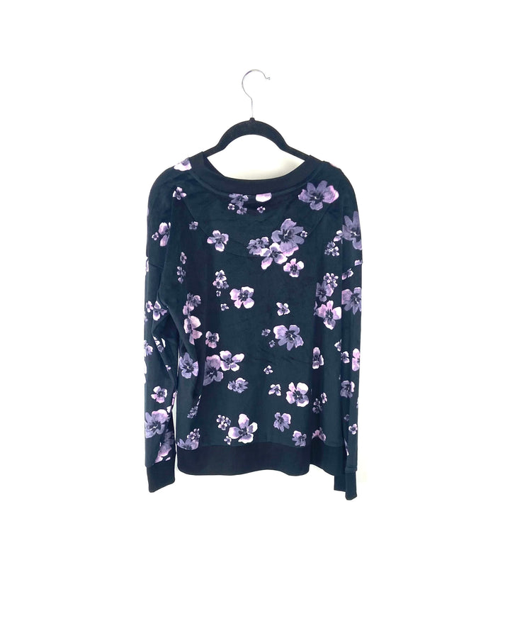 Black Floral Fleece Pajama Top - Small