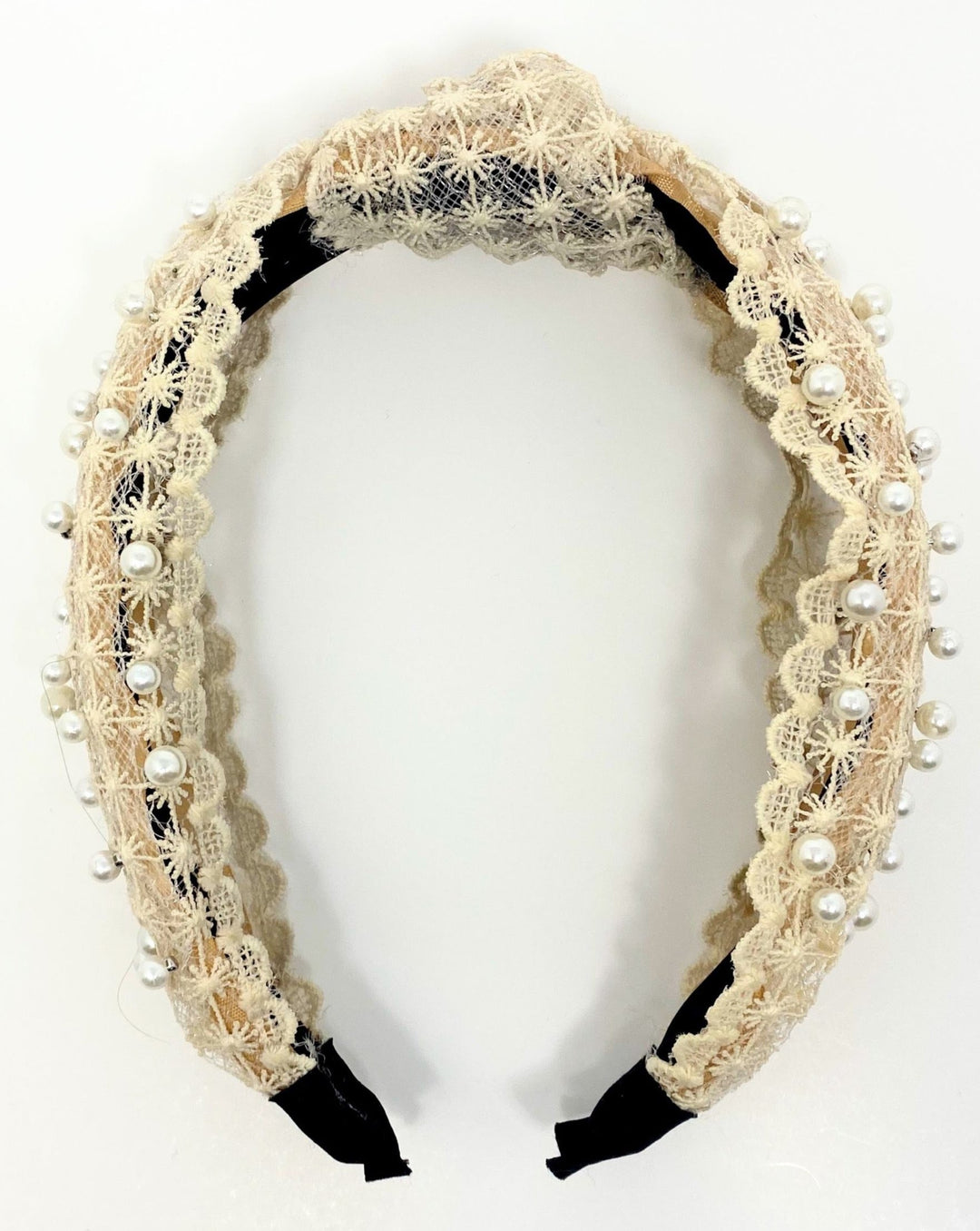 Cream Lace And Faux Pearl Knotted Headband