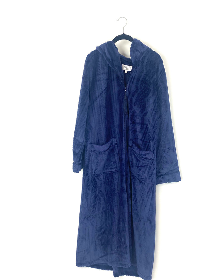 Navy Blue Soft Robe With Front Zipper - Small