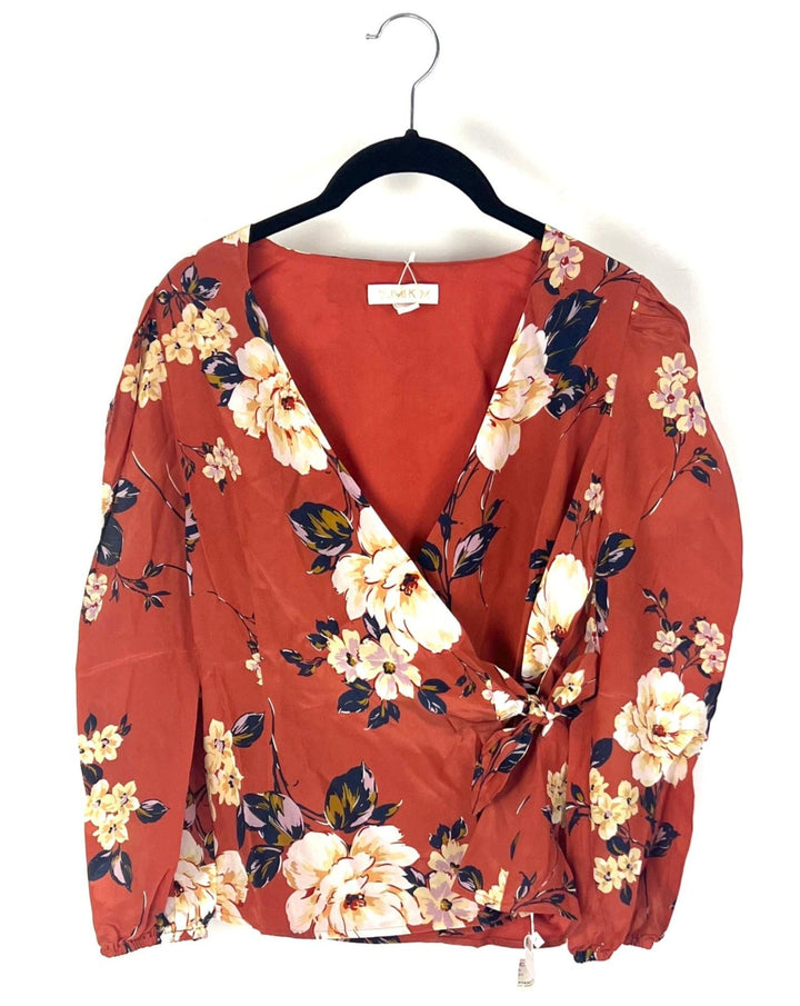 Rust Orange Floral Long Sleeve Wrap Blouse - Extra Small and Small