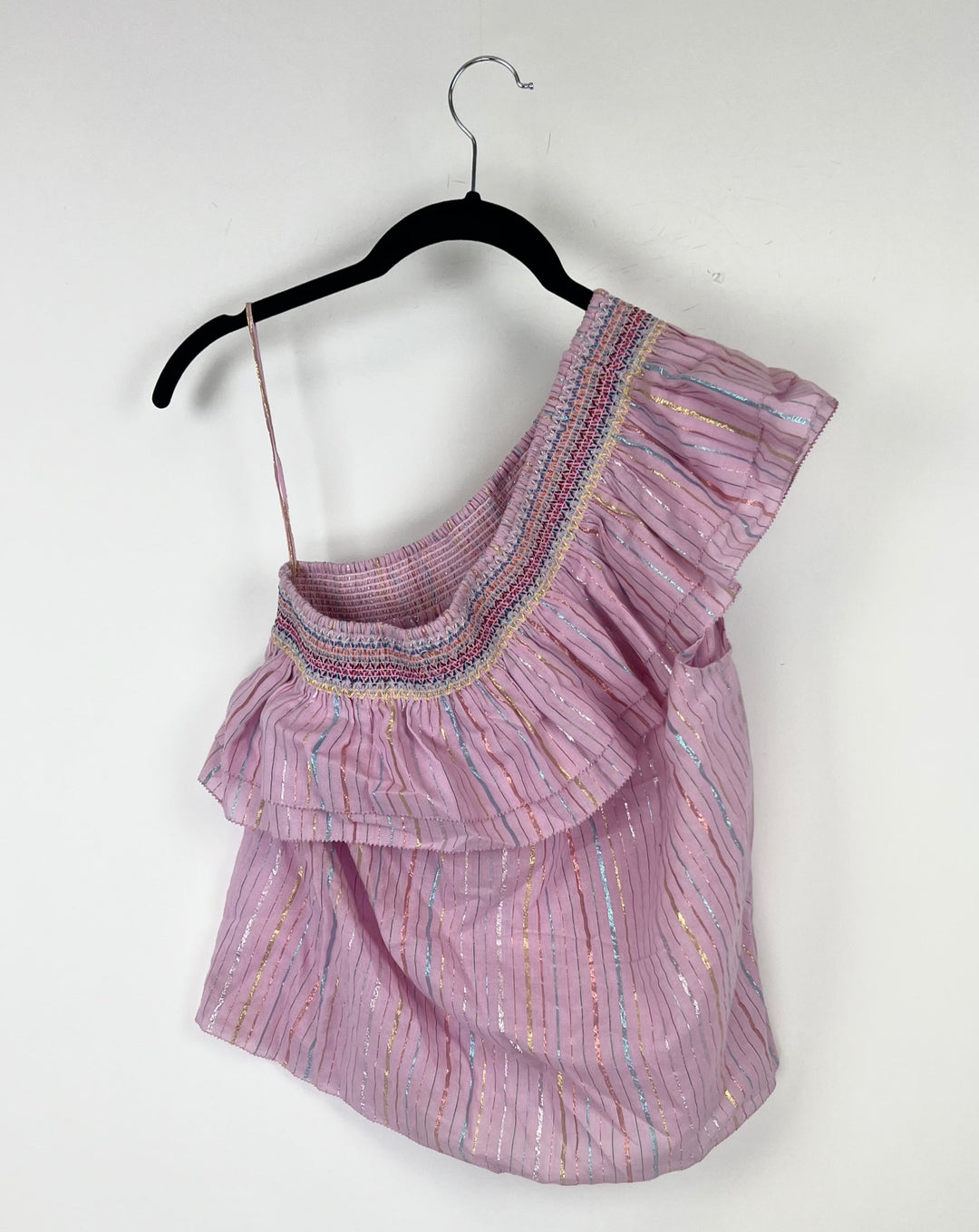 One Shoulder Pink Metallic Striped Blouse - Small