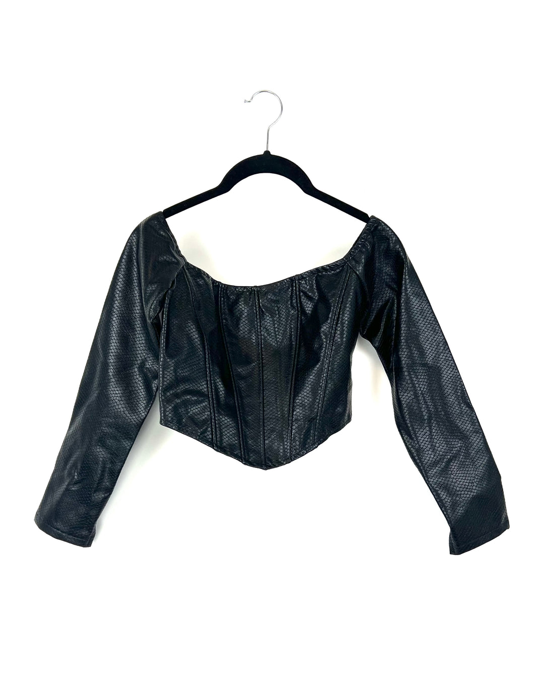 Long Sleeve Faux Leather Cropped Corset Top - Small