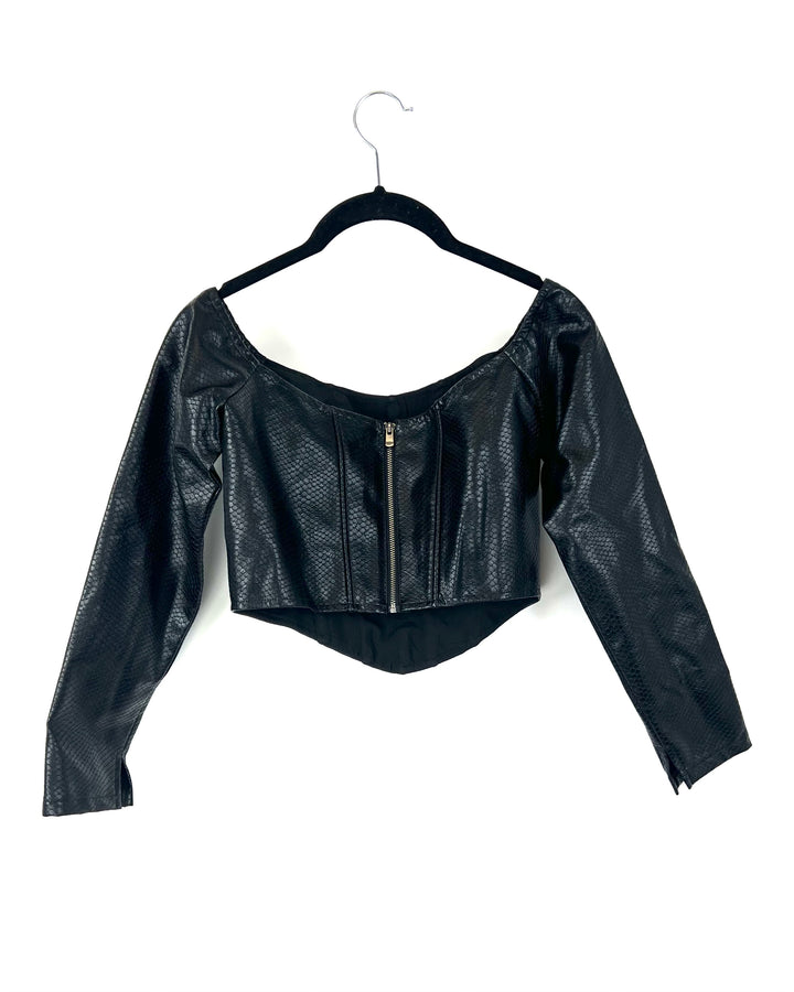 Long Sleeve Faux Leather Cropped Corset Top - Small