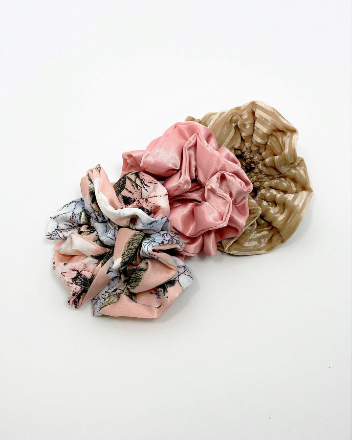Pink and Brown Floral Scrunchie Set