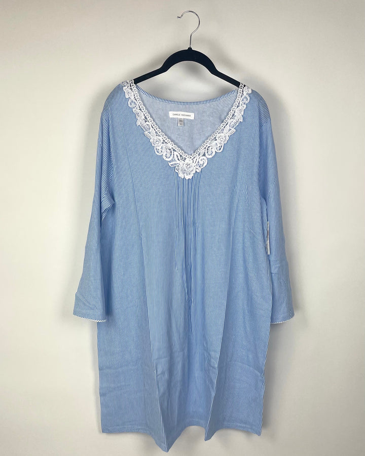 Long Sleeve Blue And White Striped Nightgown - Medium
