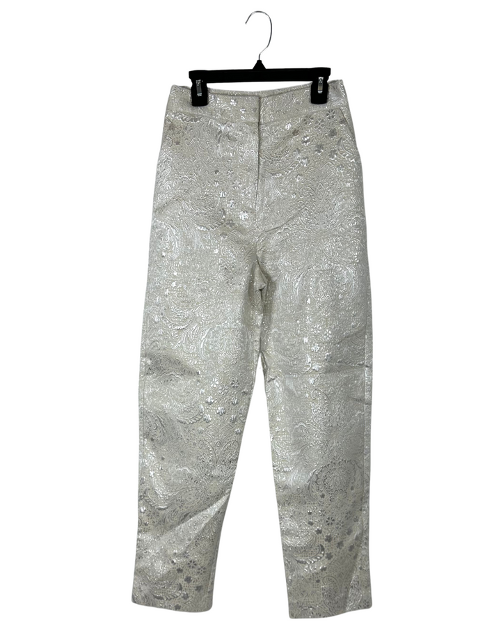 Cream Metallic High Waisted Jacquard Pants - Size 00 and 8