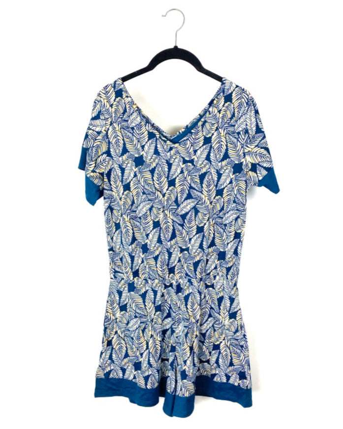 Blue and Yellow Leaf Print Romper - Small