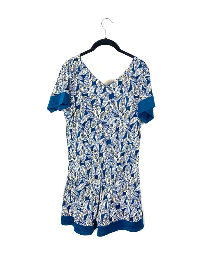 Blue and Yellow Leaf Print Romper - Small