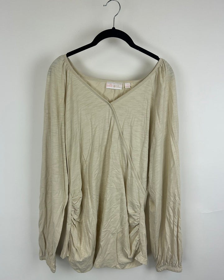 Tan Faux Wrap Long Sleeve Top - Size 14/16