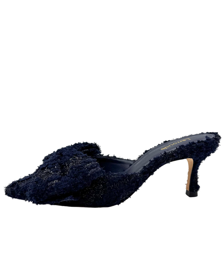 Dark Blue Tweed Bow Kitten Heels - Size 6.5