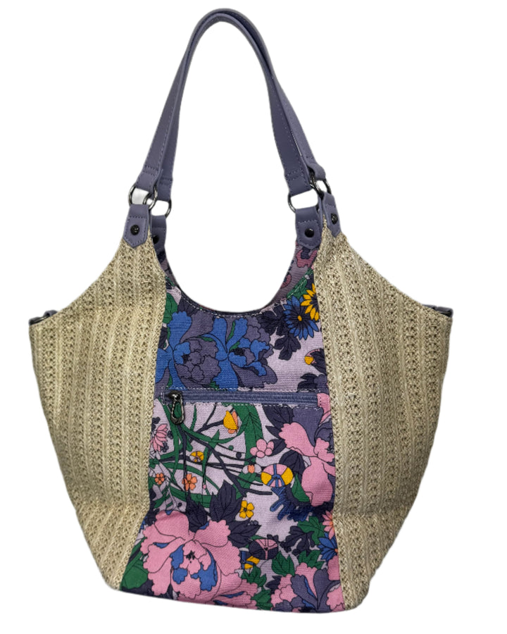 Beige Woven With Purple Floral Stripe Shoulder Bag