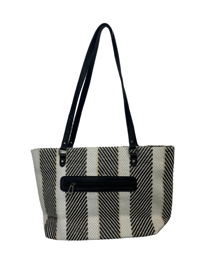 White and Black Striped Chevron Woven Tote