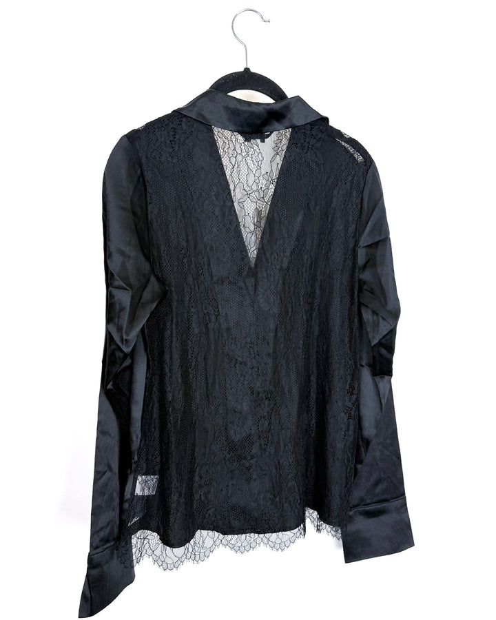 Black Silk & Lace Button-Up Shirt - Size 2/4