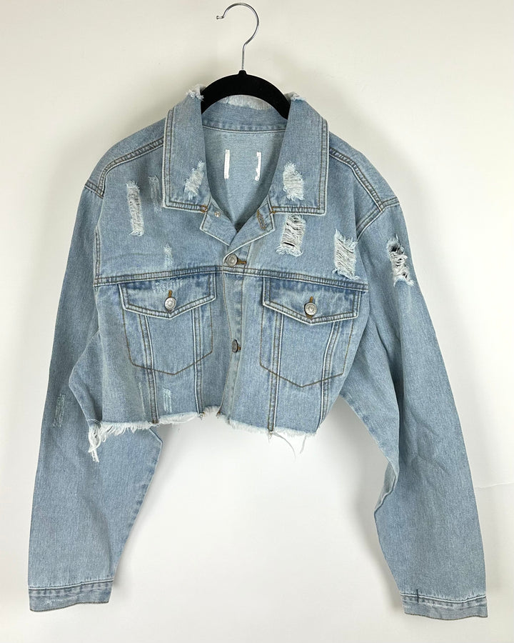 Light Wash Distressed Cropped Denim Jacket - 2X