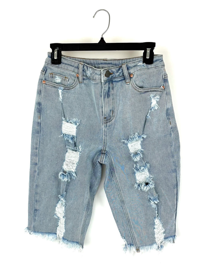 Light Wash Ripped Denim Biker Shorts - Size 2/4